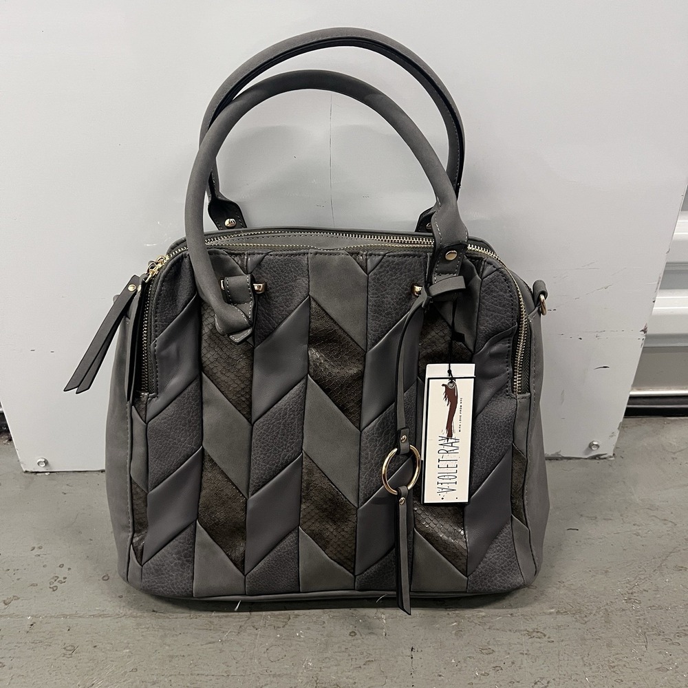 Violet Ray Gray Chevron Patchwork‎ Satchel Handbag Purse Faux Leather NWT
